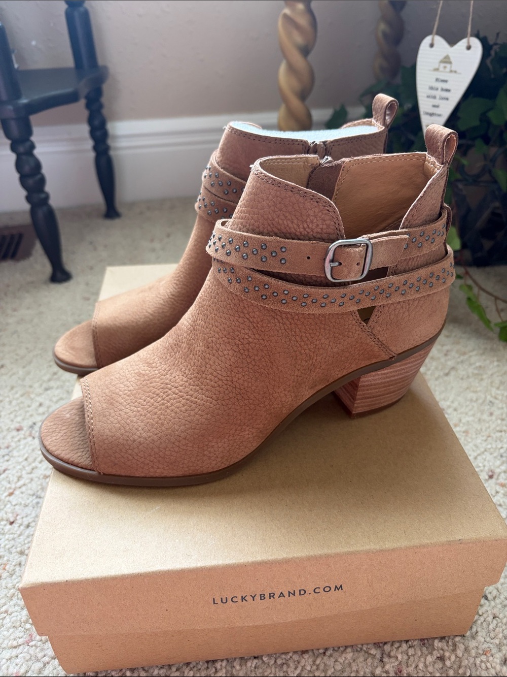 Lucky Brand Tan Peep-Toe Studded Ankle Booties